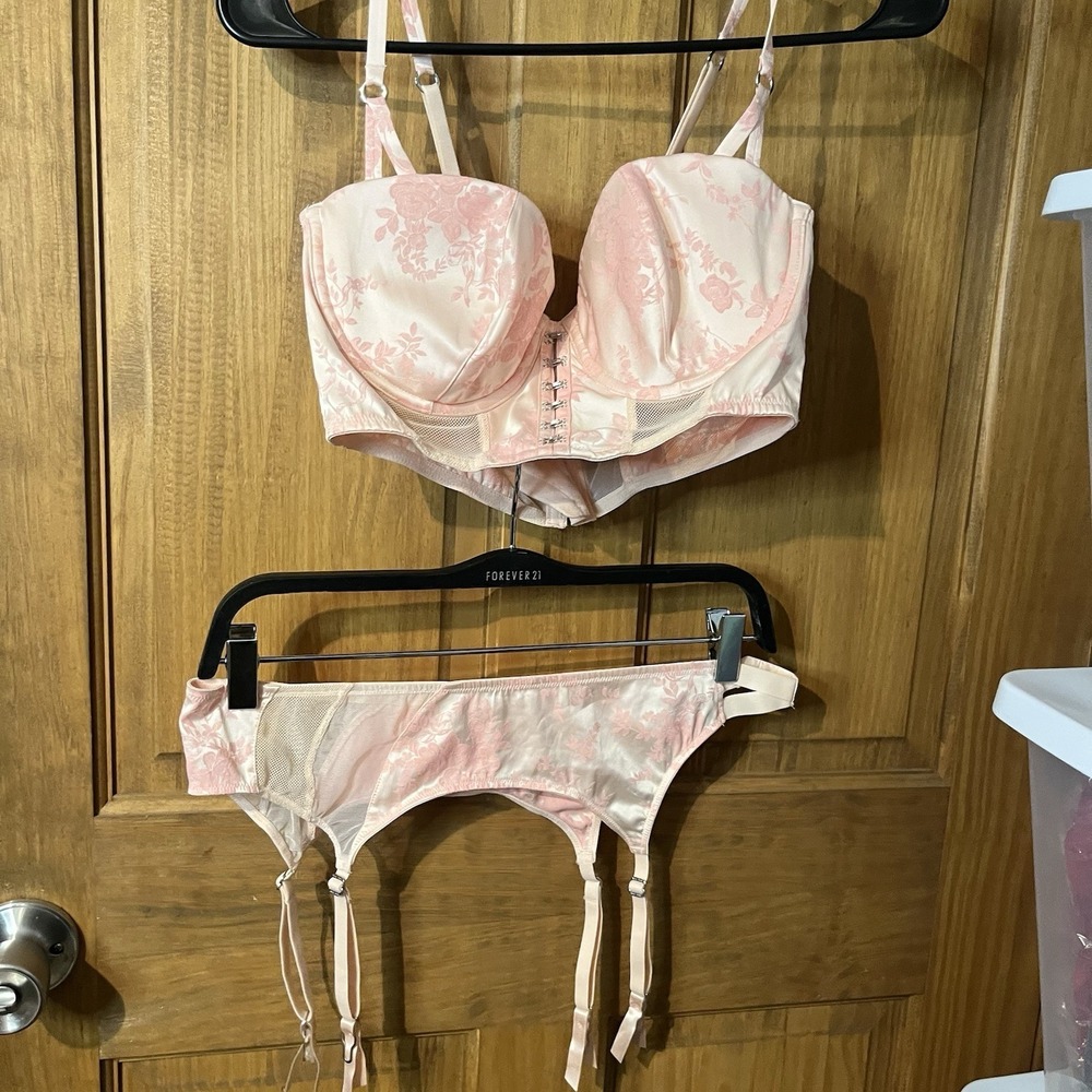 Victoria Secret Pink Floral Satin Bustier Corset Bra 36C Garter Belt Set M/L